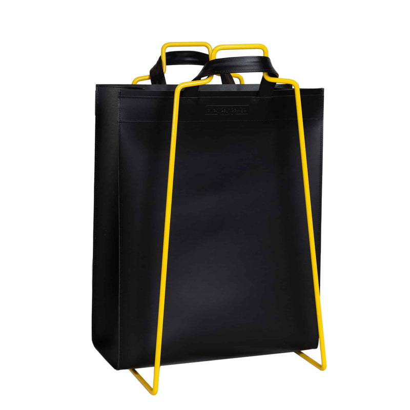 HELSINKI paper bag holder yellow + VAASA recycled leather bag black