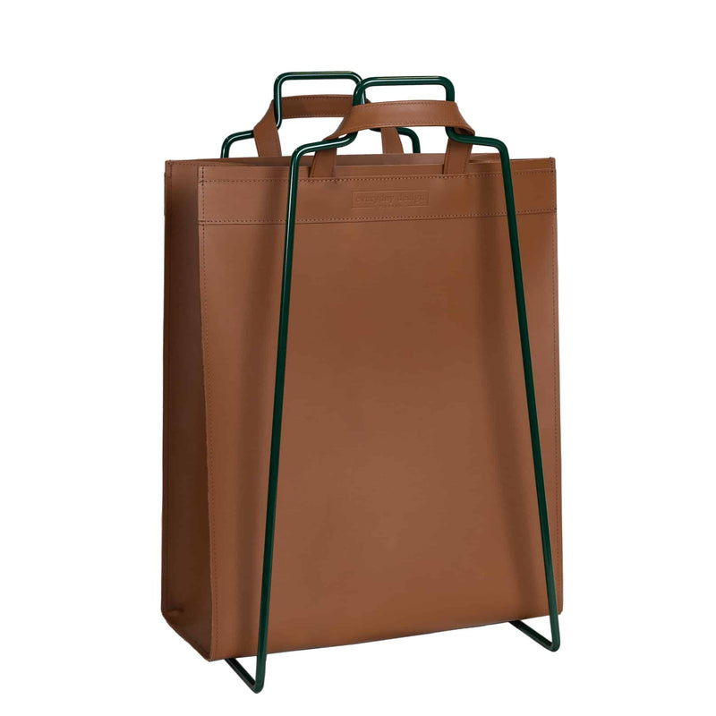 HELSINKI paper bag holder moss green + VAASA recycled leather bag brown