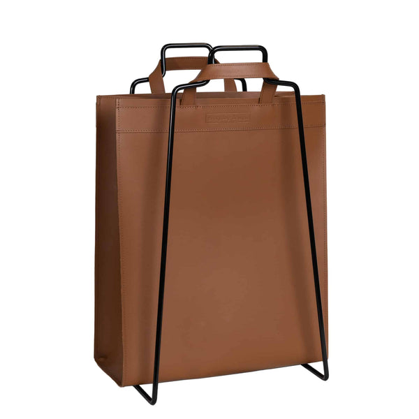 HELSINKI paper bag holder black + VAASA recycled leather bag brown