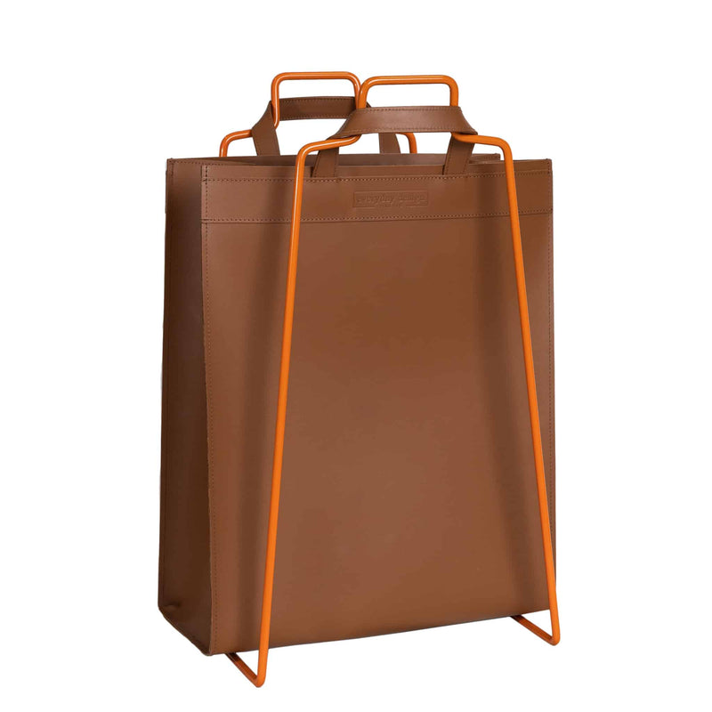 HELSINKI paper bag holder orange + VAASA recycled leather bag brown
